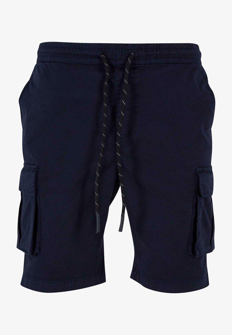 Marineblå cargoshorts med elastisk midja, svart dragsko och sidofickor. Tillverkade av lättviktig tyg med en slät textur.