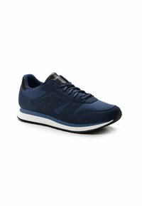 Navy blue athletic shoe with fabric upper, textured overlays, black accents, round toe, and white midsole. Features traditional lacing.