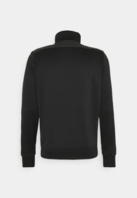 Sweat-shirt noir à manches longues avec col montant, poignets et ourlet côtelés, vu de dos sur fond blanc.