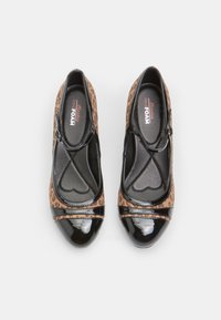 Leopard print shoes with black patent leather accents, round toe design, adjustable strap, and cushioned insoles for comfort.