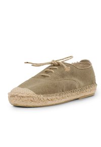 Khaki canvas espadrille with a jute rope sole, round toe, and lace-up design. Features a stitched jute detailing along the sole.