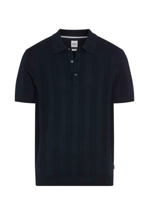 Donkerblauw poloshirt met korte mouwen, textuurrijke verticale strepen, een drieknopsbies en geribbelde kraag en manchetten.