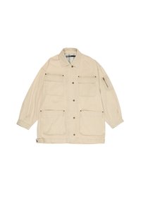 Beige long-sleeve jacket with four front flap pockets, button closure, collar, and zippered pocket on left sleeve.
