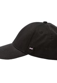 Casquette de baseball noire en coton, dotée d'une visière incurvée et d'un petit patch en forme de bouclier avec un accent rose sur le côté.
