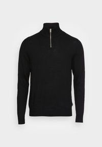 Maglione a collo alto di colore nero, realizzato in morbido tessuto a maglia, con una chiusura a metà zip sul davanti, maniche lunghe e polsini e orlo a coste.