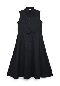 Schwarzes ärmelloses Kleid mit Knopfverschluss und Kragen, das eine taillierte Taille und einen fließenden Rock hat. Hergestellt aus glattem Stoff und mit minimalen Akzenten.