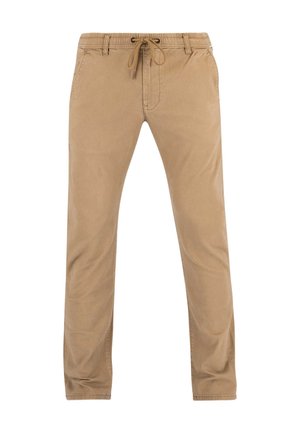 Pantalones casuales color marrón claro con cintura elástica y cordón, que cuentan con bolsillos delanteros y trabillas para cinturón.