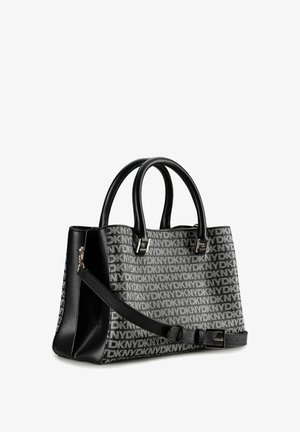Zwart-grijze handtas van leer en stof met het patroon van het DKNY-logo, dubbele handvatten en een afneembare schouderriem.