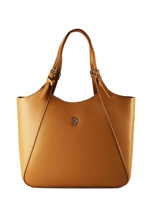 Braune Ledertasche mit zwei oberen Griffen, kleinem silbernem Reiter-Logo zentriert auf der Vorderseite, strukturierten Seiten und glatter Textur.