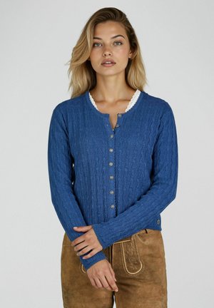 Jonge vrouw die een blauw kabelgebreid vest met knopen draagt en een bruine suède rok, staand met gekruiste armen tegen een effen achtergrond.