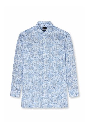 Herrenhemd mit langen Ärmeln und Knopfleiste, mit einem zarten hellblauen und weißen Blumenmuster, mit klassischem Kragen und ohne sichtbare Taschen.