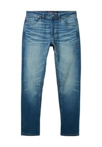 Blaue Jeans aus Denim mit geradem Schnitt, leichter Waschung, Fünf-Taschen-Design und Kontrastnähten. Mit Knopf- und Reißverschluss.