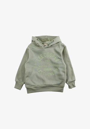 Sweat à capuche vert avec une texture douce, présentant une impression graphique avant en vert clair. Il est doté d'une capuche avec cordon de serrage et de poignets côtelés.