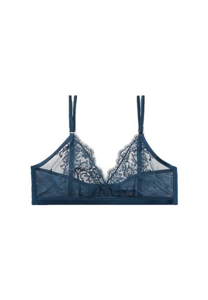 Navy blue bralette with delicate lace detailing and sheer mesh. Features adjustable straps and a solid fabric band beneath.