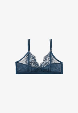 Navy blauwe bralette met verfijnde kantdetails en doorschijnend mesh. Voorzien van verstelbare bandjes en een stevige stofband eronder.