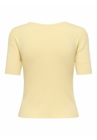 Haut court à manches courtes en maille côtelée jaune clair, avec un col rond et une silhouette légèrement ajustée, montré de dos.