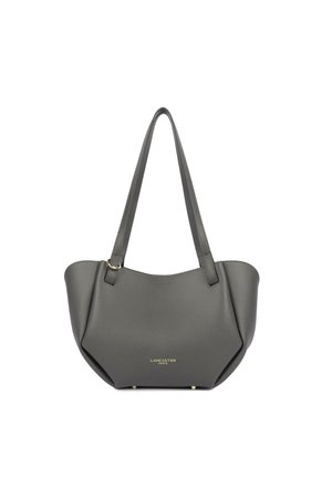 Sac à main en cuir gris foncé avec deux longues anses, logo de la marque doré à l'avant et bord supérieur légèrement incurvé.