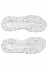 Suelas de zapatillas deportivas blancas con una superficie de goma texturizada, patrones circulares y la marca "HOVR" estampada en el centro.