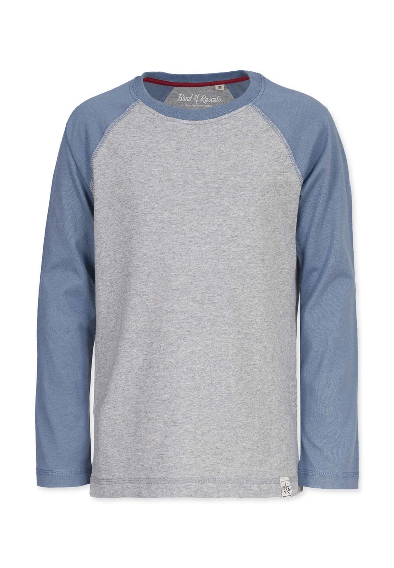 Grå langærmet T-shirt med blå raglanærmer, lavet af bomuldsstof, rund halsudskæring, mærke i nederste højre hjørne, glat tekstur, afslappet design.