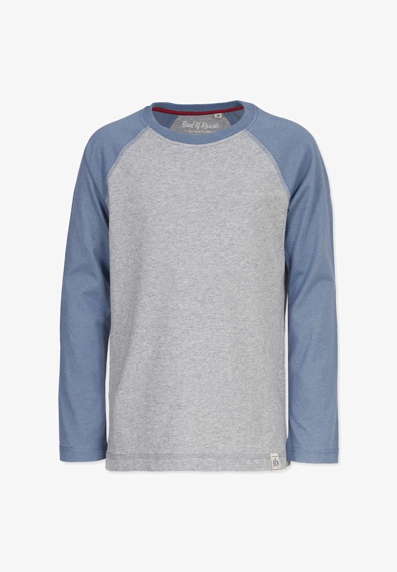 Grå langærmet T-shirt med blå raglanærmer, lavet af bomuldsstof, rund halsudskæring, mærke i nederste højre hjørne, glat tekstur, afslappet design.