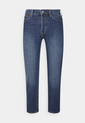 Straight-leg blå denim jeans med høj talje, knap- og lynlåslukning samt for- og baglommer.