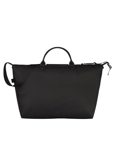 Schwarze Tragetasche aus robustem Stoff, mit zwei oberen Griffen und einem verstellbaren Schultergurt. Glatte Textur mit minimaler Ausstattung.