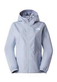 Γυναικείο ανοιχτό μπλε αδιάβροχο μπουφάν με κουκούλα, εμπρόσθιο φερμουάρ, ελαστικές μανσέτες και λευκό λογότυπο «The North Face» στο στήθος.
