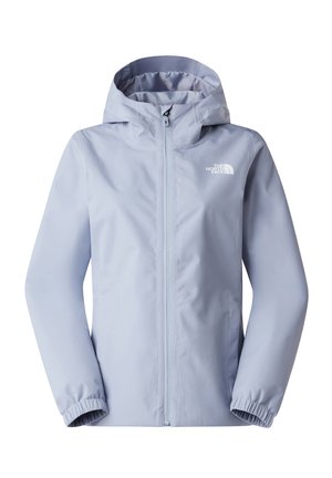 Γυναικε ίο ανοιχτό μπλε αδιάβροχο μπουφάν με κουκούλα, εμπρόσθιο φερμουάρ, ελαστικές μανσέτες και λευκό λογότυπο «The North Face» στο στήθος.