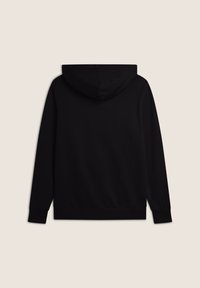 Felpa nera con cappuccio regolabile, maniche lunghe, polsini e orlo a costine, realizzata in tessuto morbido, con un design semplice senza fantasie.