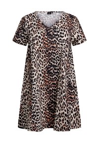 Sukienka z krótkim rękawem z dekoltem w kształcie litery V, wykonana z lekkiego materiału w leoparda w odcieniach beżu, czerni i brązu. Rozkloszowany fason.