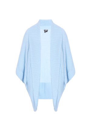 Cardigan azzurro chiaro lavorato a maglia con apertura frontale, maniche corte e motivi a punto lavorato. Materiale morbido e accogliente con vestibilità comoda.
