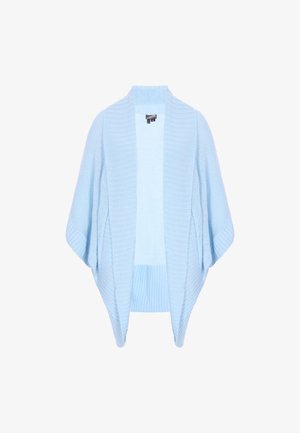 Cardigan azzurro chiaro lavorato a maglia con apertura frontale, maniche corte e motivi a punto lavorato. Materiale morbido e accogliente con vestibilità comoda.