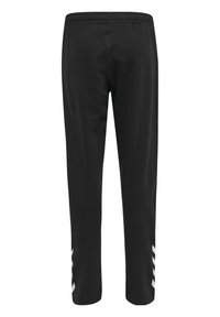 Pantaloni sportivi neri con vita elastica e strisce diagonali bianche sul lato inferiore di ciascuna gamba, realizzati in un morbido tessuto misto cotone.