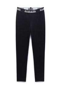 Leggings noirs en tissu extensible, dotés d'une ceinture grise avec du texte en noir. Le design est ajusté et lisse, sans motifs.