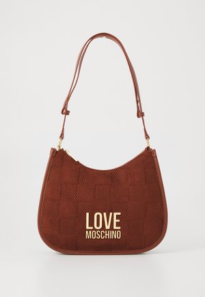 Brown suede shoulder bag with checkerboard pattern, gold zipper, and gold "LOVE MOSCHINO" logo on front, featuring adjustable strap.