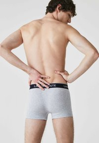 Boxer shorts en coton gris avec une ceinture logo Lacoste noire, affichés de dos. Texture lisse et design ajusté.