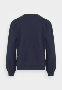 Námořnická modrá mikina s dlouhými, vypouklými rukávy, kulatým výstřihem a žebrovanými manžetami a lemem. Hladká textura a minimalistický design.