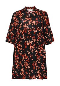 Vestido negro con estampado floral rojo, escote en V, mangas cortas acampanadas y diseño de falda en capas. Hecho de un tejido ligero y fluido.
