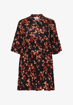 Zwarte jurk met rode bloemenprint, v-hals, korte klokmouwen en gelaagd rokje. Gemaakt van lichtgewicht, vloeiende stof.