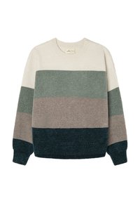 Maglione lavorato a maglia con collo rotondo a coste, caratterizzato da righe orizzontali in crema, verde, taupe e verde scuro. Tessuto morbido e vestibilità rilassata.