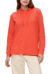 Korallfärgad hoodie med justerbara snörningar, långa ärmar och en avslappnad passform. Tillverkad av mjukt tyg, har ribbade ärmslut och fåll.