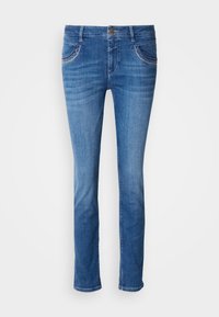 Μπλε τζιν παντελόνια από ντένιμ με ίσια γραμμή, σχεδίαση με πέντε τσέπες, ραφές λεπτομερειών στις τσέπες και διακριτική ξεθωριασμένη υφή.