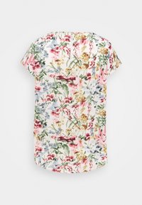 Short-sleeve blouse with a colorful floral pattern including pink, green, yellow, and gray flowers, shown from the back with a zipper.