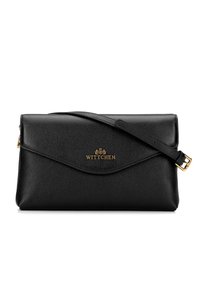 Cartera de mano de piel negra con un acabado texturizado, que presenta un diseño de solapa y herrajes dorados. Incluye una correa de hombro desmontable.