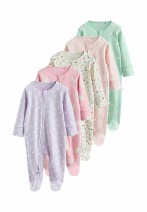 Viis pastelltoonides beebide jalasokiga öösärki lillakas, roosas, kreemjas, heleroosas ja mündirohelises värvitoonis, erinevate südame, kirsi ja lille mustritega.