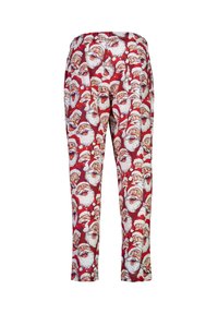 Rode pyjamabroek met een all-over print van kerstmangezichten, met witte baarden en rode hoeden, gemaakt van zachte stof met een elastische tailleband.