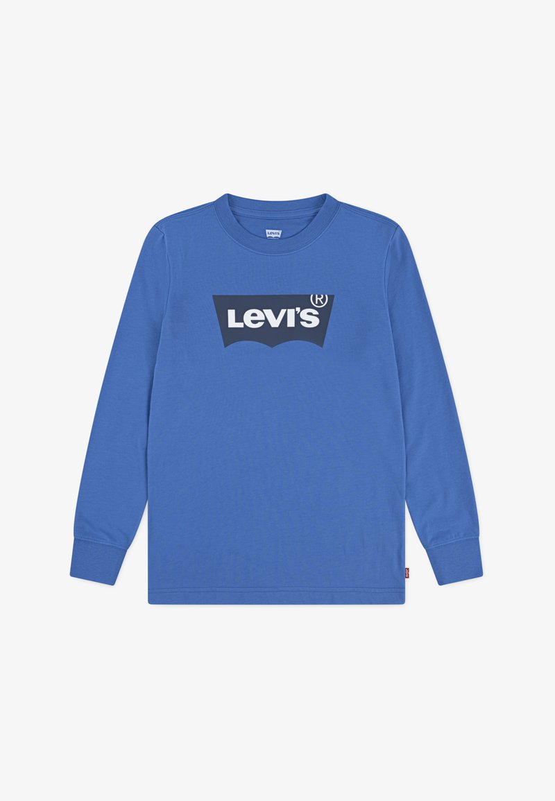 Pikad varrukad sinine puuvillane T-särk, mille rinnal on suur must-valge Levi's logo, ning varrukatel on tugevdustatud õmblused.