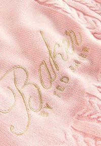 Couverture tricotée rose clair avec un motif en relief de torsades et du texte brodé en or "Baker by Ted Baker". Tissu doux, bords frangés.