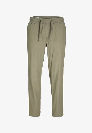 Olivenfarbene, leichte Hose mit elastischem Bund und verstellbarem Kordelzug; gerader Schnitt; glatte Textur.