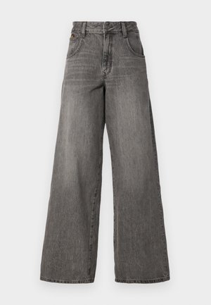 Jeans grigi a gamba larga in denim, con vita alta, cinque tasche e un leggero sbiadimento. Il tessuto ha una finitura morbida e testurizzata.